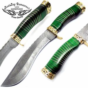 Green Wood Fixed Blade Custom Handmade Damascus Steel Kukri Knife